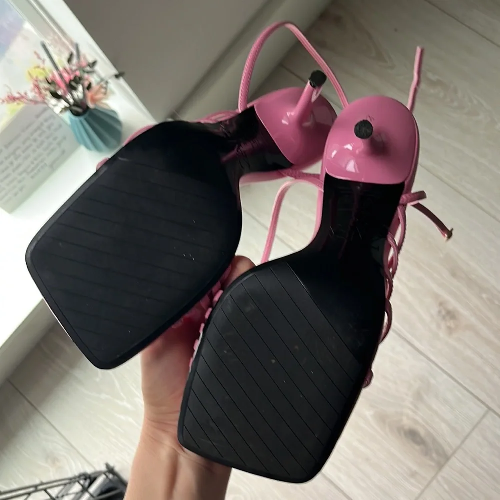 Zara Pink Strappy Square-Toe Stiletto Sandals - Picture 4 of 4